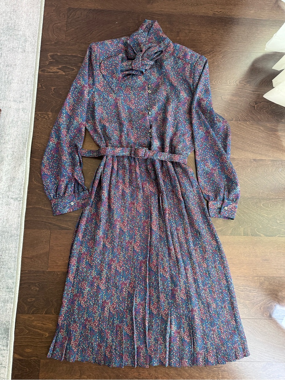 Floral Tie-Neck Long Sleeve Midi Dress - Purple Multi